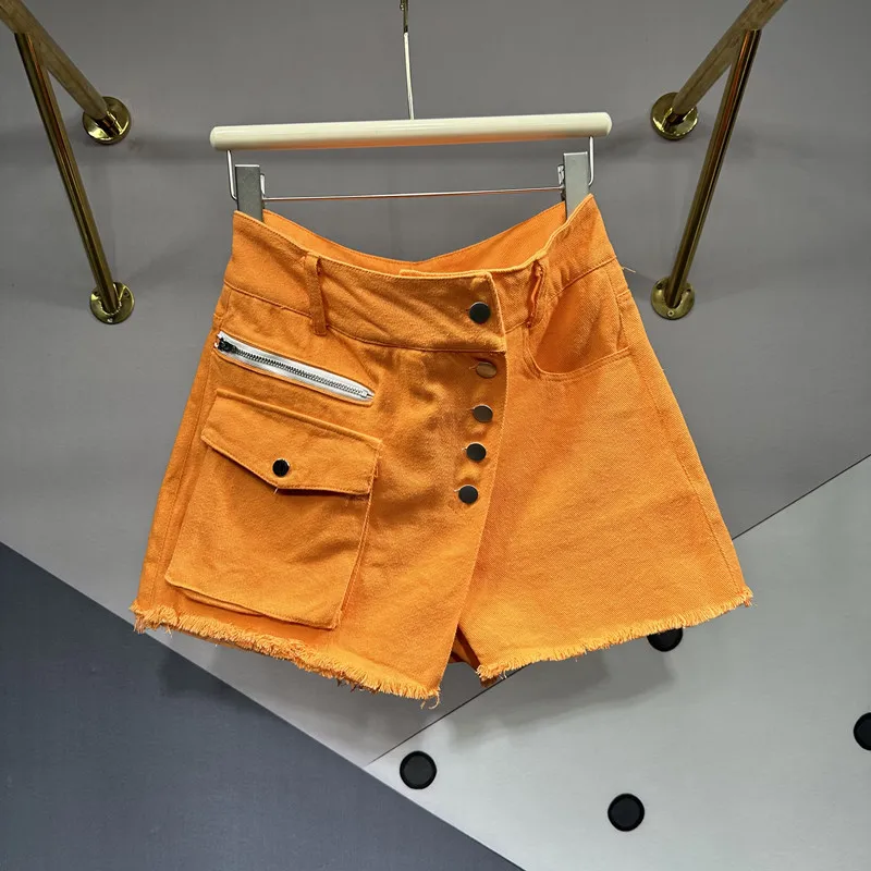 

Оранжевая большая рабочая одежда с карманами, трапециевидная короткая юбка-брюки, женская летняя новая приталенная юбка из двух частей с высокой талией