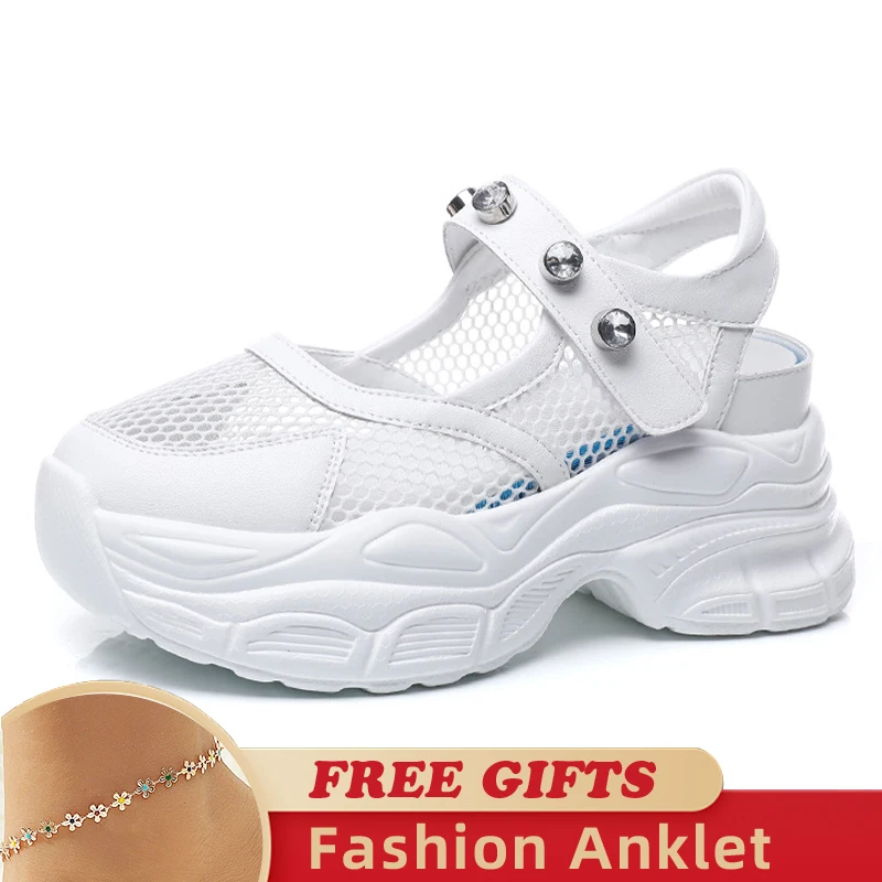 7CM Women Sandals Mesh Rhinestones Comfy Platform 2023 Soft Women Lightweight Casual Beach Summer Sandals Outdoor Female Sandals