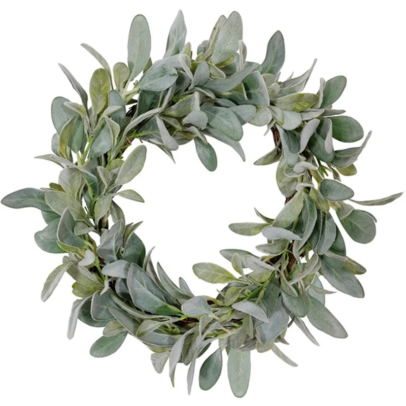 

Spring Flocked Lambs Ear Wreath,Year Round Everyday Foliage Wreath On Grapevine Base With Greenery Leaves For Front Door