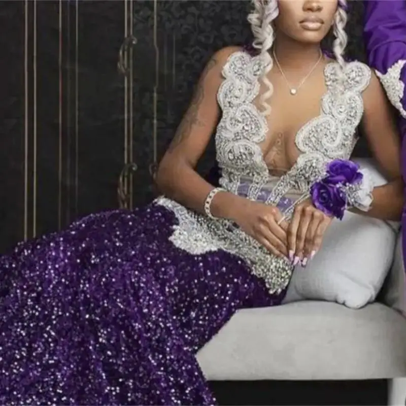 

Женское вечернее платье-русалка, фиолетовое кружевное платье с бисером, с глубоким V-образным вырезом, без рукавов, со шлейфом, со стразами, стильное фиолетовое платье для выпускного вечера