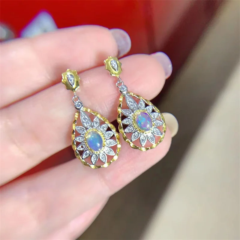 Натуральный опал 925 Висячие серьги из серебра пробы 6x4 мм оригинальный с