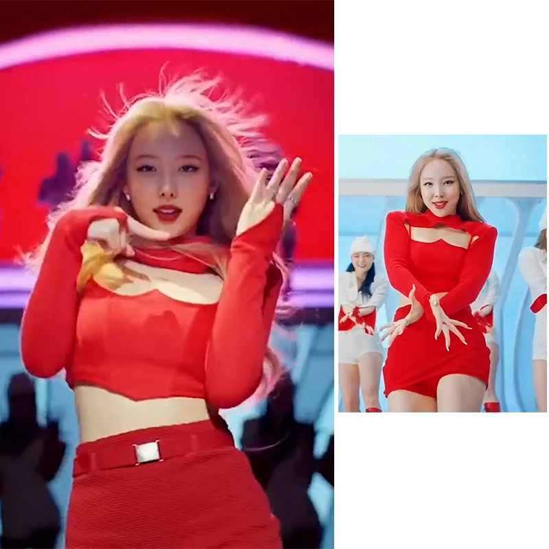 Kpop TWICE Lim Na Yeon Jazz Dance Red Sleeveless Camisole Tops Cropped Long Sleeve Hoodies + Sexy Slim Mini Skirts Women Outfits