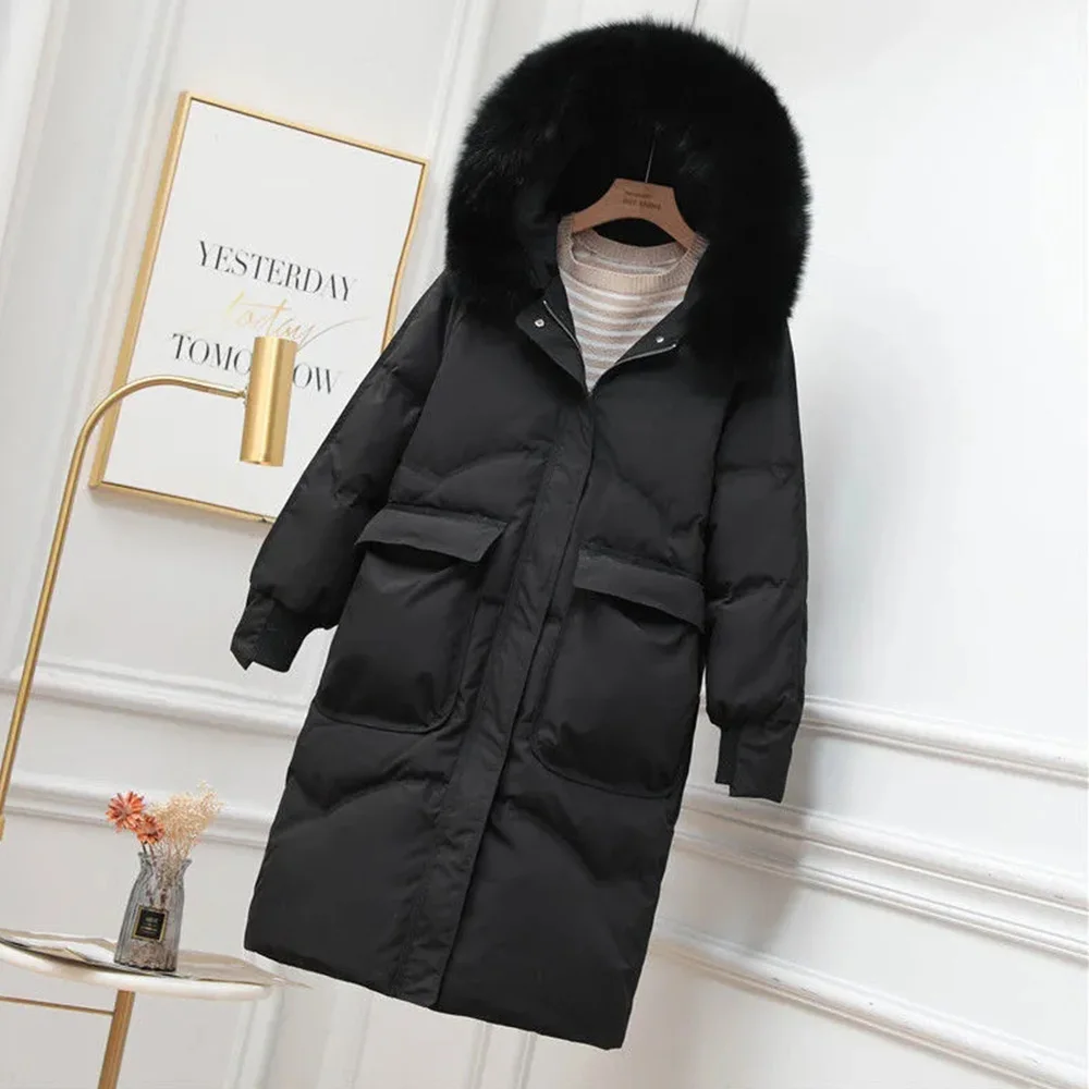 Female Down Jackets 2022 Winter New White Duck Down Large Size Long Hat Big Fur Collar Thickened High-Grade Warm Coats Women