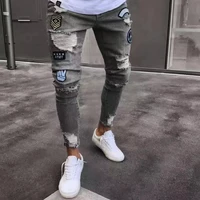 2022 mens stretch ripped biker skinny jeans hip hop cartoon embroidered print black jeans