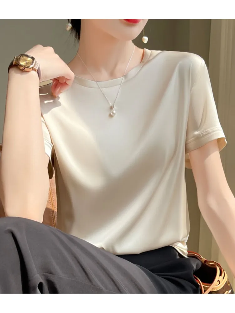 

Женская однотонная Базовая шелковая рубашка в стиле Харадзюку, летняя Женская атласная блузка с круглым вырезом, элегантный женский топ с коротким рукавом, 2023