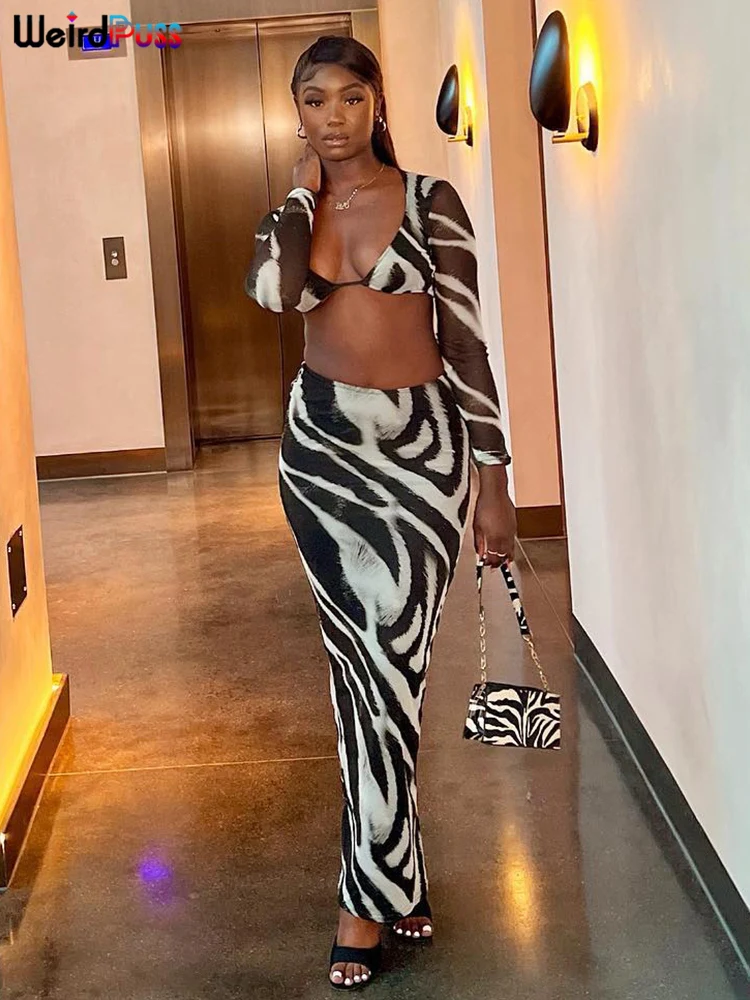 

Weird Puss Zebra Print 2 Piece Set Long Sleeve Elegant Fashion Cut Crop Top+Maxi Skirts Matching Slim Coquette Clubwear Outfits