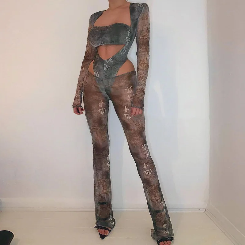 

Women Two-Piece Sexy Mesh Panel Skinny Hollow Top + Print Length Pants Suit Long Sleeve Winter Bodysuit Set