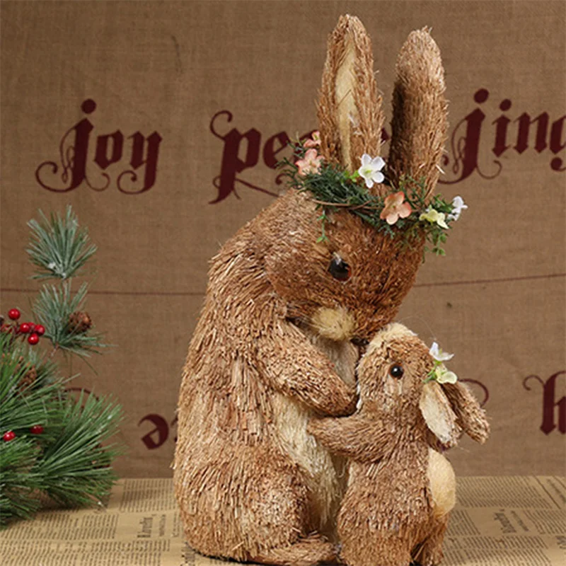 

Соломенный кролик, украшение, пасхальный креативный кролик с цветком для матери и ребенка, милый соломенный кролик, украшения для дома