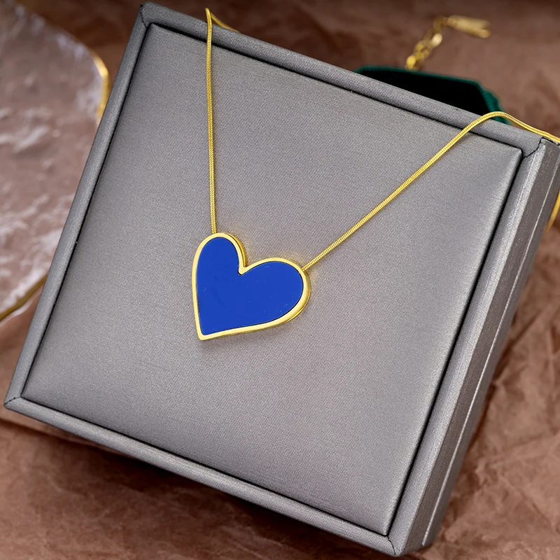 

Trend 316l stainless steel no fading blue heart Necklace PENDANT charm chain women Light luxury gold choker jewelry wholesale