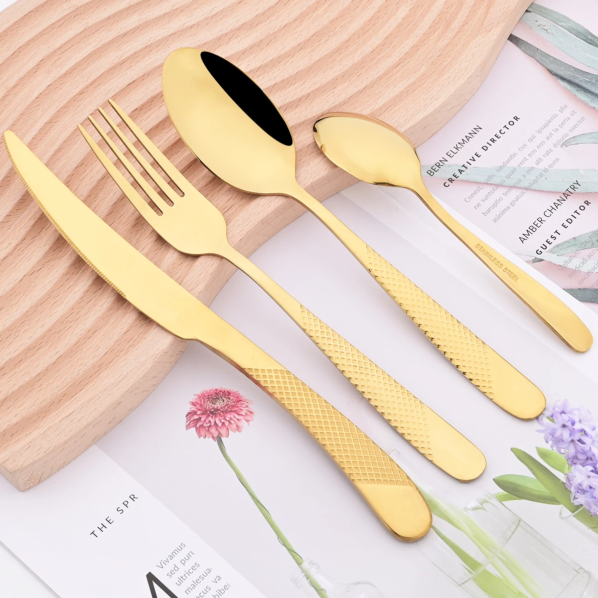 24 шт. зеркальный золотой набор столовой посуды нож для стейка вилка кофейная