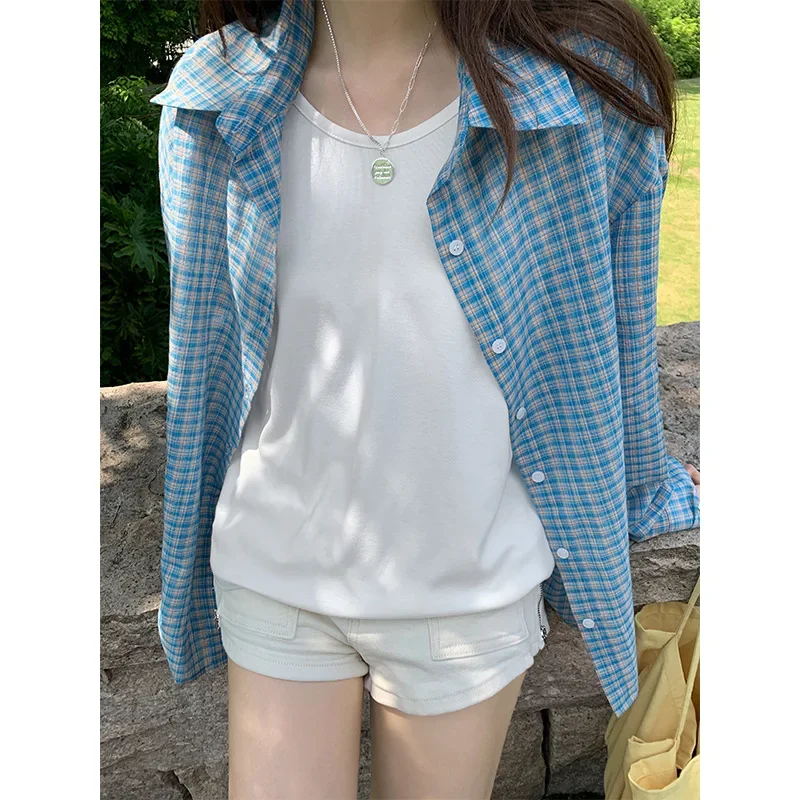 Синяя клетчатая рубашка с длинными рукавами женская летняя свободная