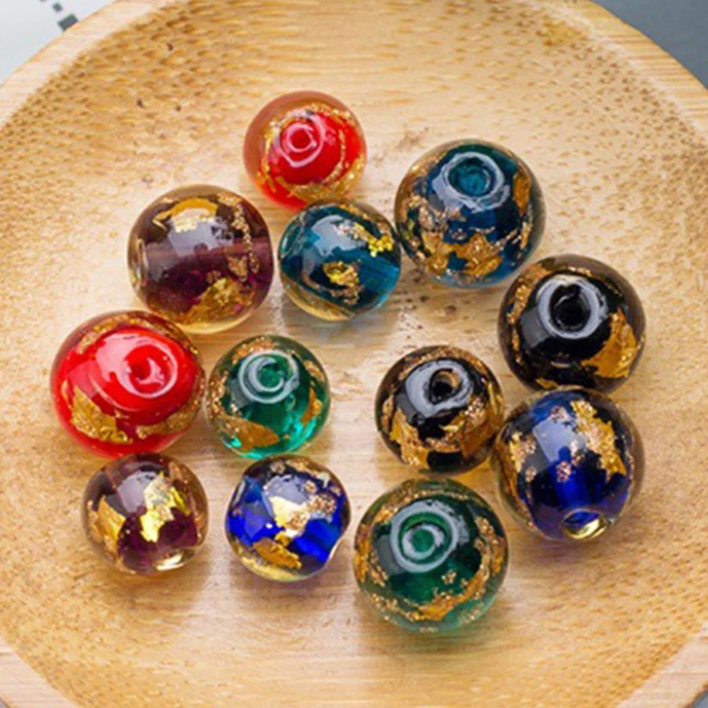 

5pcs Round Shape 10mm 12mm Gold Color Foil Pattern Handmade Lampwork Glass Loose Beads for Jewelry Making DIY Crafts Findings