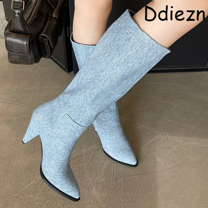 

Женские ковбойские сапоги до колена, на шпильке, с острым носком