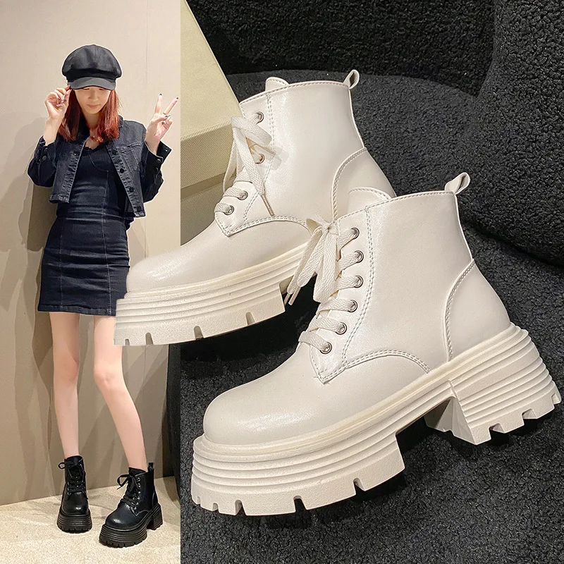 

Женские ботильоны на платформе, на шнуровке, с круглым носком, на толстом каблуке