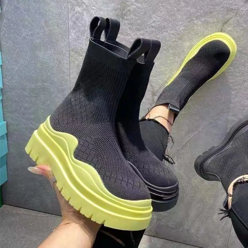 

Socks Martens Boots Female Knitted Stretch Boots 2021 Summer Autumn New Style British Style Muffin Platform Slip-on Mid Boots