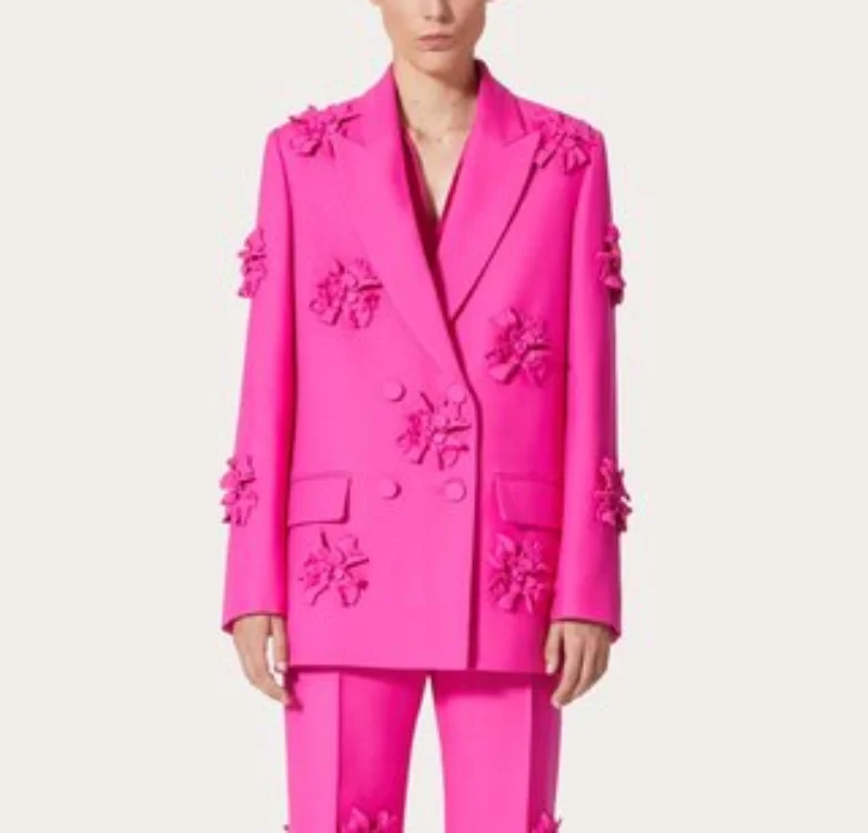 

2022 Autumn Winter Collection Top Quality Floral Appliques Pink Tailor Coat High Fashion Luxury Women Jacket Set