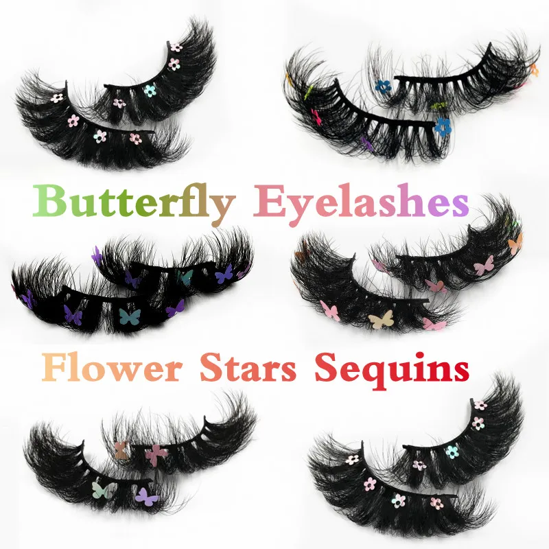 

Asiteo Wholesale Colorful Eyelashes Natural Eye Lash Butterfly Flower Makeup Cosplay Glitter Eyelash Sequins Faux Mink Lashes