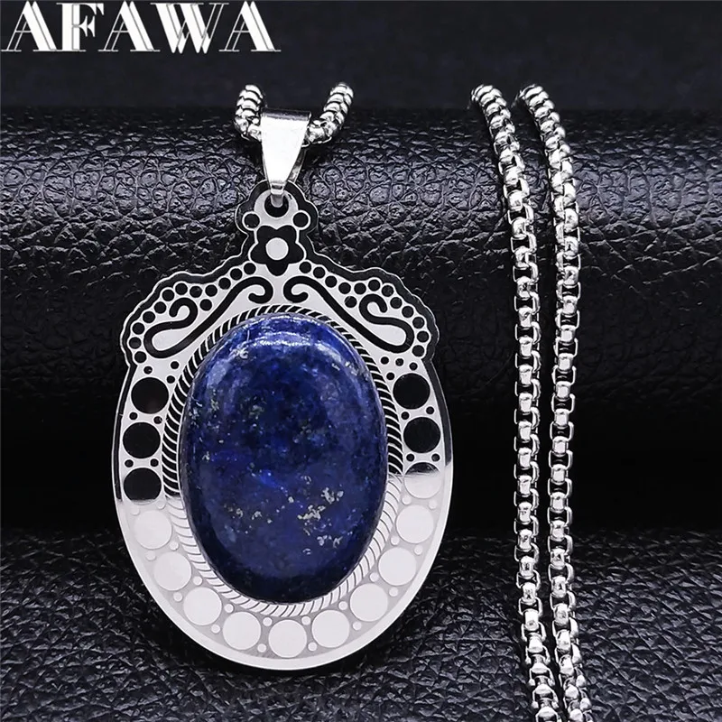 

Bohemia Flower Blue Natural Stone Stainless Steel Chain Necklace Women Silver Color Boho Charm Jewelry collier boheme femme
