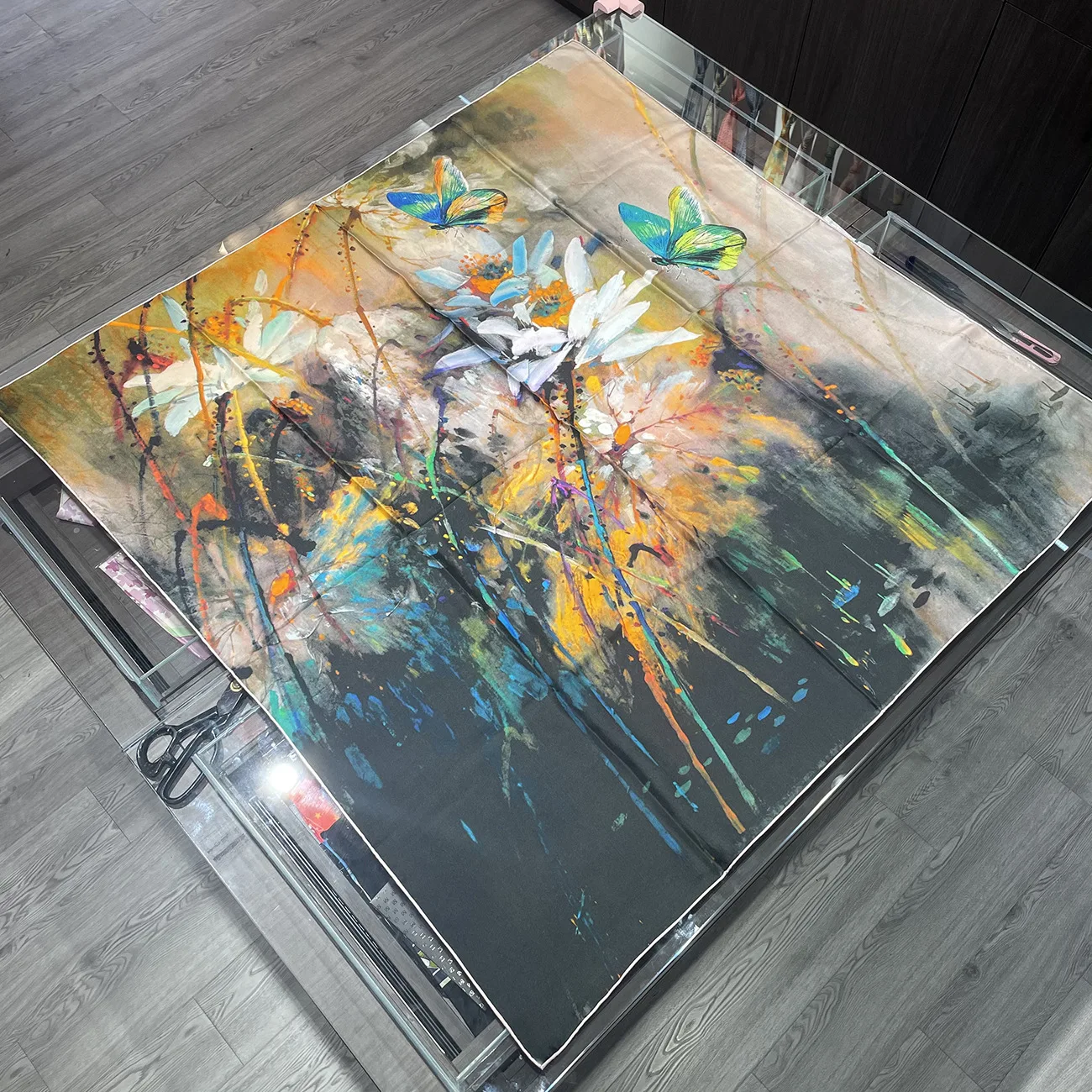 

110cm Oil painting Butterfly 100% Twill Silk Scarf 2022 Hand Rolled Edges Square Scarf Shawl Women Hijab Bandana Beach Towel