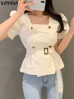 vonda y2k 2022 summer casual shirts polyester blusas solid button chemise tops with belt women short sleeve square neck blouse