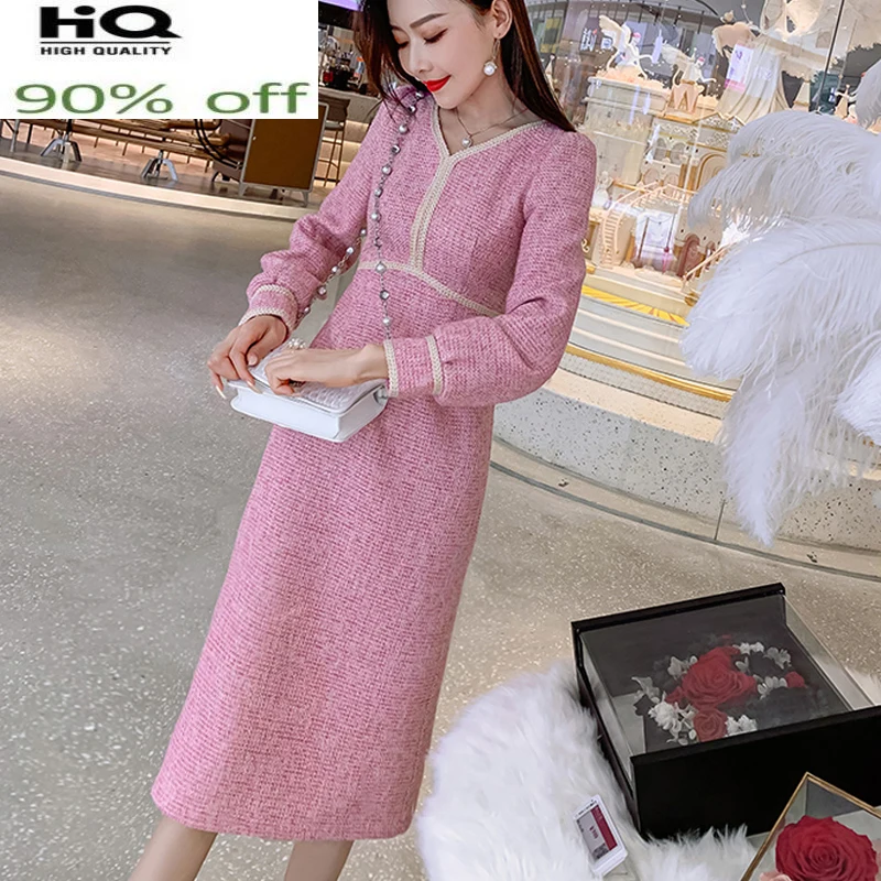

tweed Pink Fashionable long sleeve design spring / autumn women's fashion houndstooth bright silk Base dress