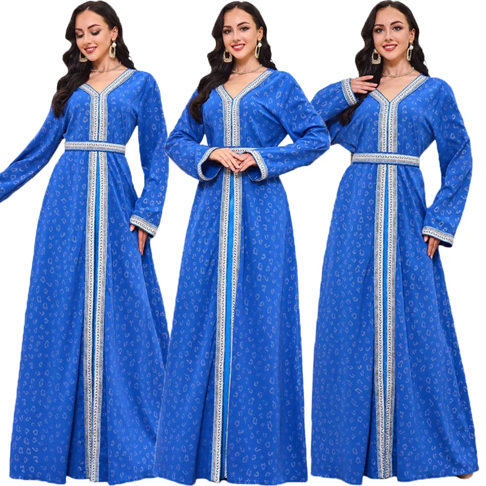 

Модное платье Дубай абайя с принтом шикарная лента с длинным рукавом V-образный вырез с поясом одежда марокканские элегантные женские длинные платья