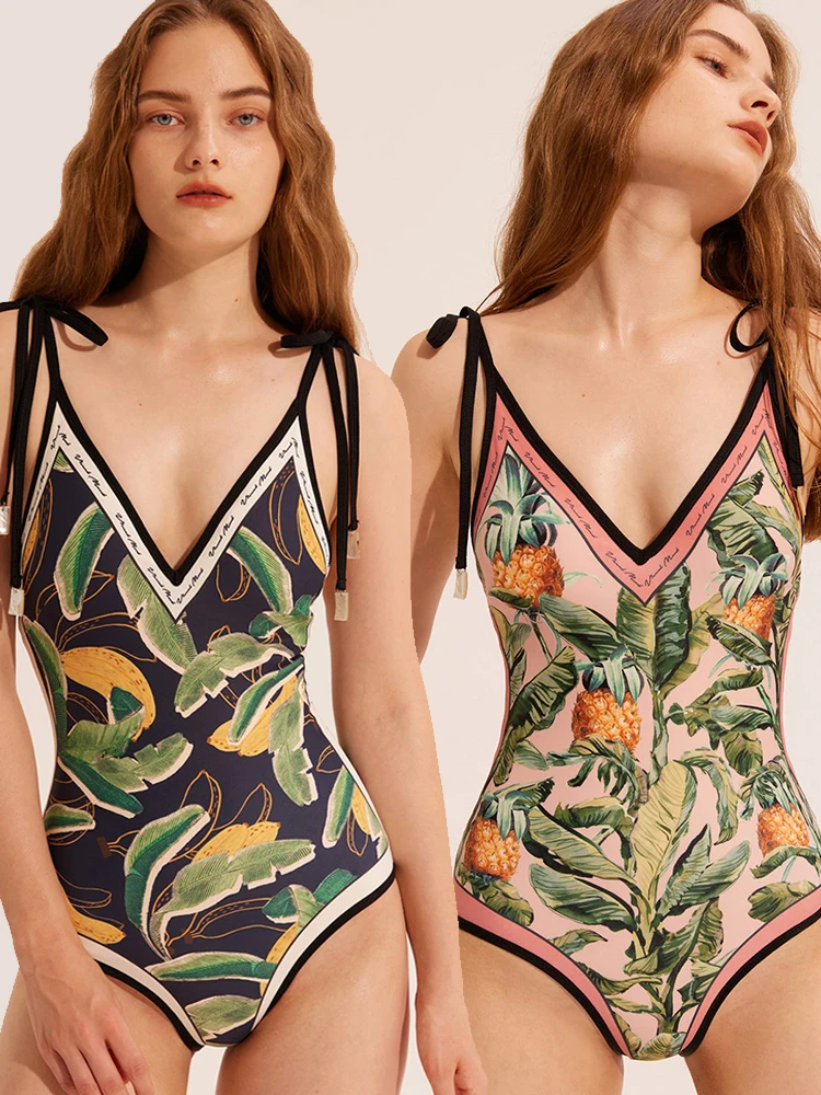 

Plant Print Swimsuit Deep V Neck One Piece Suits Women Swimwear Sexy Bodysuit 2022 Bathing Suit Bandage Swimsuits Summer Beachwe