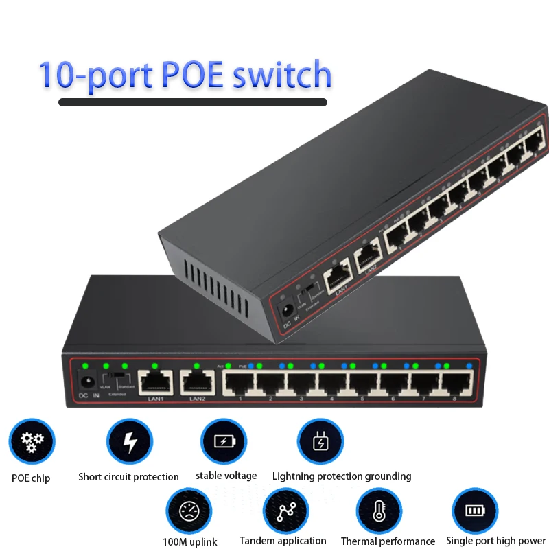 

Power supply 10-Port POE switch 8+2 port VLAN switch 10/100Mbps Ethernet Smart Switcher Internet Splitter Game Loading Adapter
