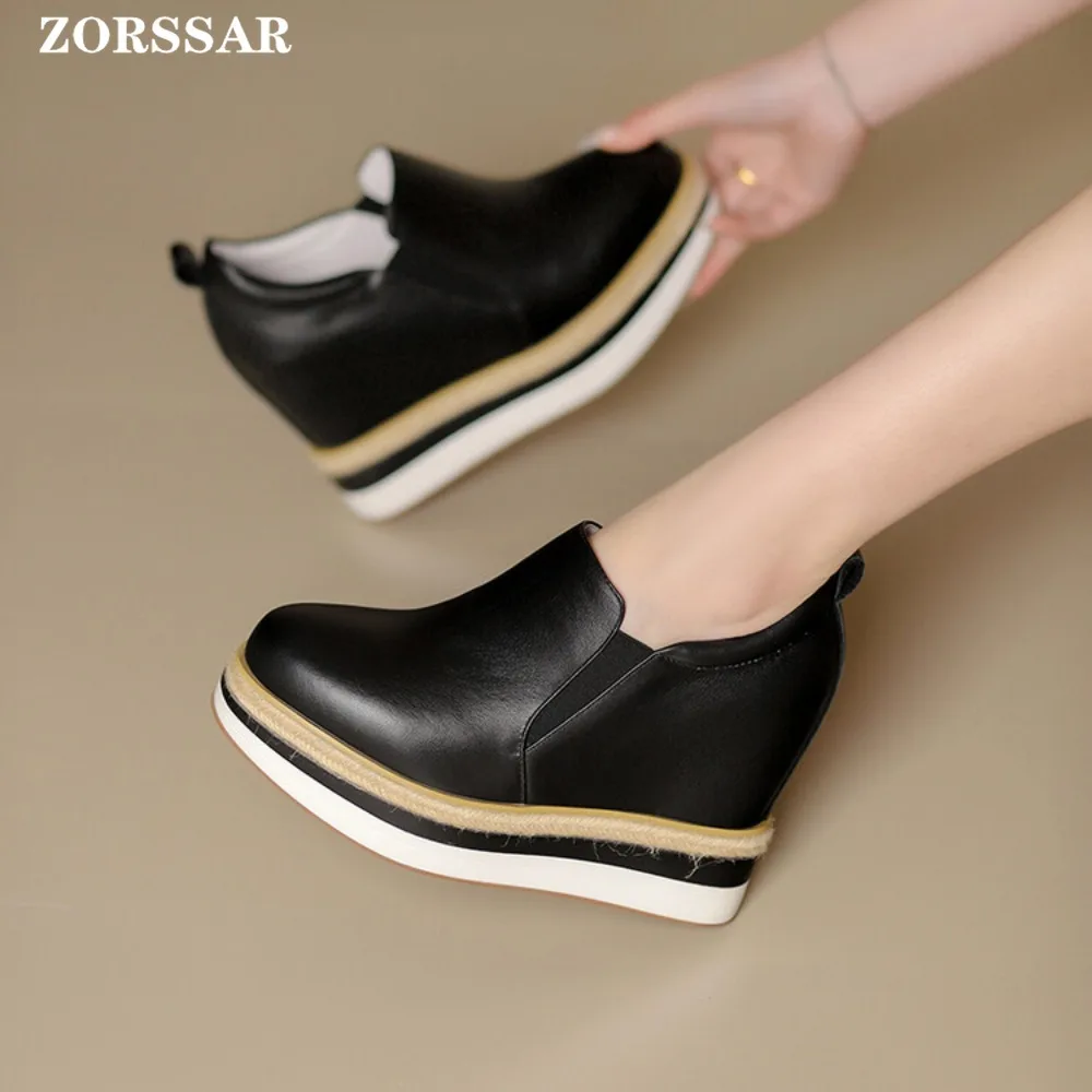 Женские кроссовки на танкетке из натуральной кожи 12 см повседневные дышащие