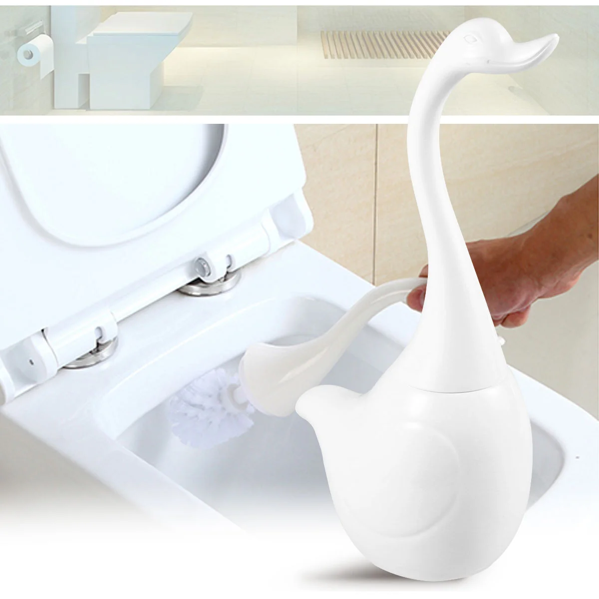 

Toilet Brush Set Compact Modern Cartoon Swan Design Toilet Bowl Cleaner Brush Set for Bathroom Home Hotel (White)