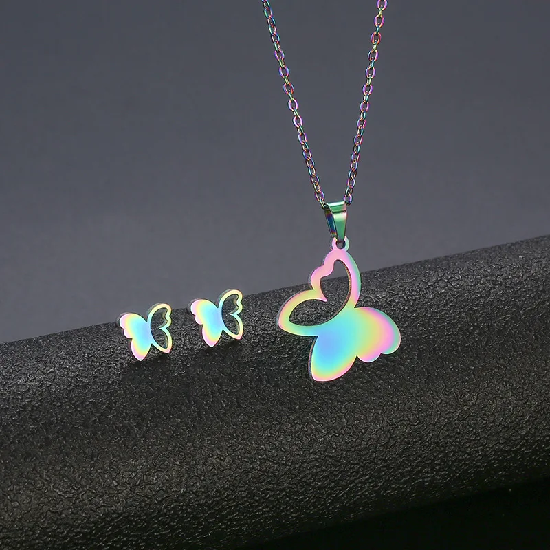 

Stainless Steel Colorful Butterfly Pendant Chain Necklace Stud Earring for Women Party Birthday Fashion Jewelry Set Gift