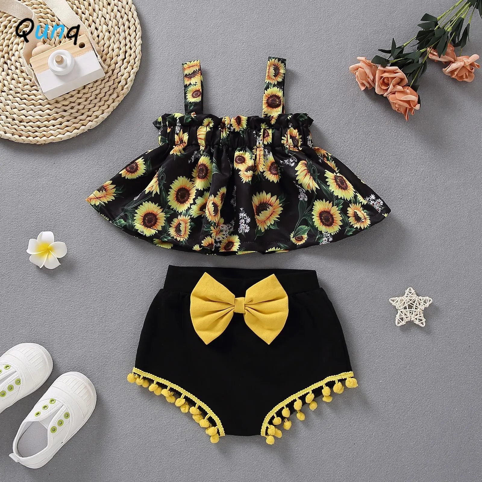 

Qunq 2023 Summer New Lovely Girls Set Sleeveless Suspender Print Pullover Top + Shorts Fashion Casual Kids Clothes Age 1T-3T