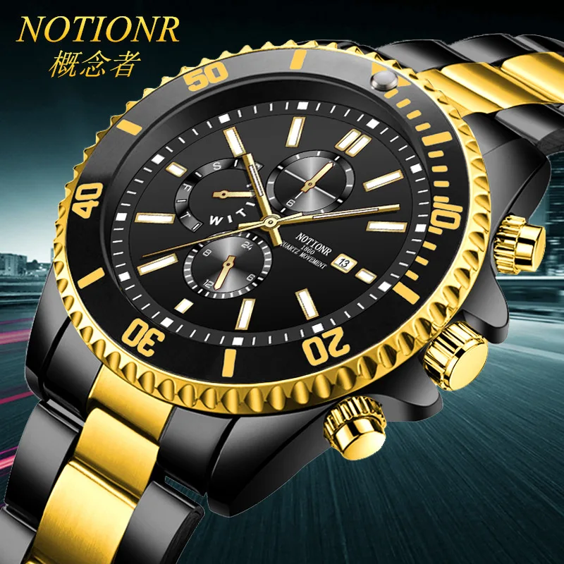

Часы NOTIONR Мужские кварцевые, водонепроницаемые из нержавеющей стали, с зеленым призраком, светящимся календарем
