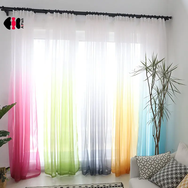 

Colorful Sheer Voile Curtains for Bedroom Hotel Pastoral Rustic Gradient Terylene French Window Treatment Drape Gauze 185C