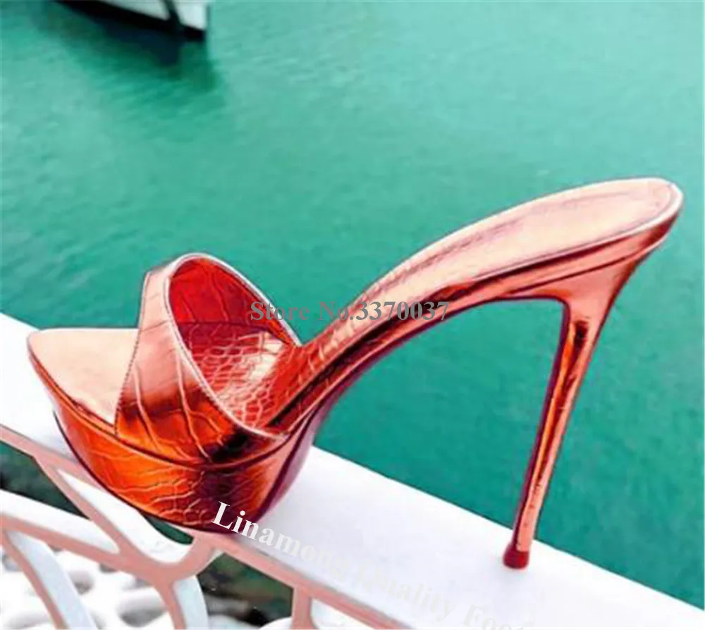 Linamong Gold Blue Snake Leather Platform Thin Heel Slippers Newest Slip-on Pointed Open Toe Stiletto Heel Sandals Party Heels