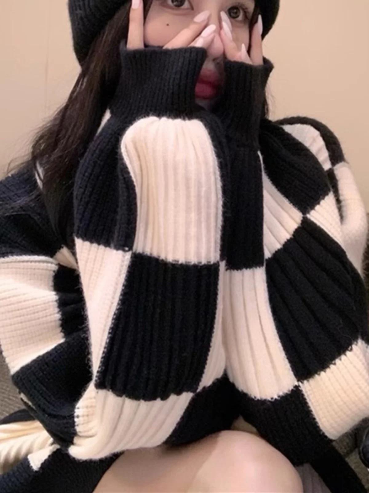 Ретро Гонконг Sle Chessboard Grid Свитер Женский с круглым вырезом Осень и зима Новый