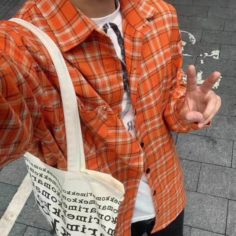 Винтажные клетчатые рубашки женские мешковатые оранжевые топы с длинными