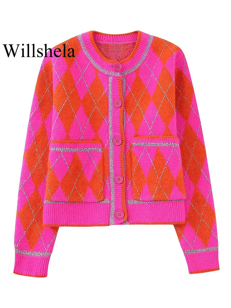 

Willshela Women With Pockets Printed Knitted Pullover Sweater Vintage O-Neck Single Breasted Long Sleeves Female Tops