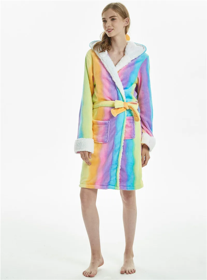 Women's Winter Thin Nightgown Length To The Thigh Polyester Warm Comfortable Colourful Unicorn Leisure Wear With A Belt