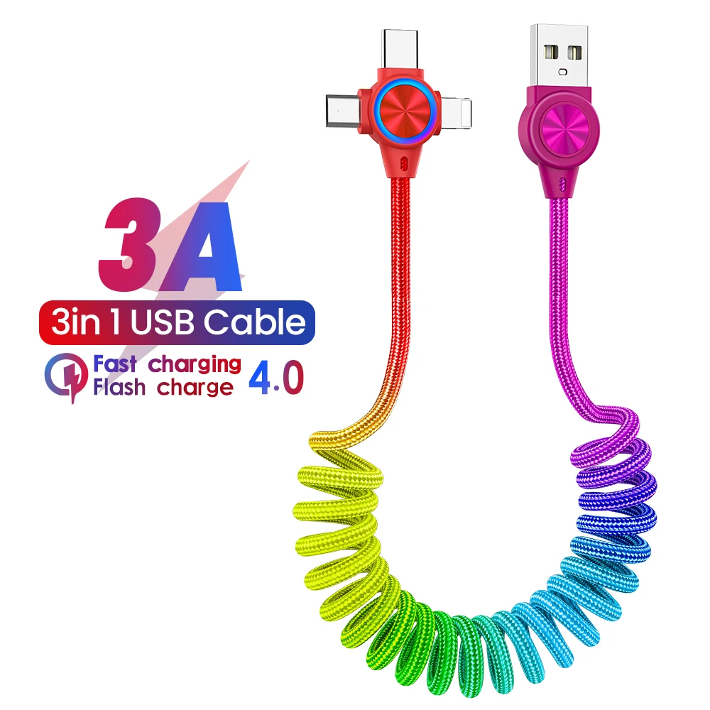 

3 in1 Spring 3A Fast Charging Cable For iPhone Micro Type C 8 Pin Charger Cord For Xiaomi Huawei Poco Retractable USB Data Cable