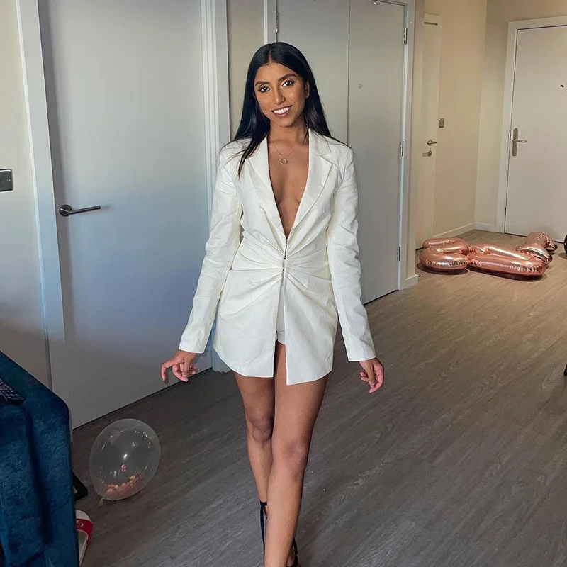 2021 Autumn Fashion Casual Simple Solid White Turn-down Collar Single Breasted Suit Women's Office Lady Long Coat Skinny Blazers