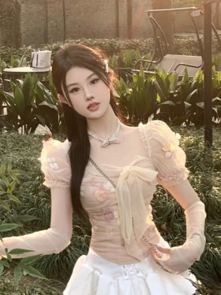 Женские рубашки Ezgaga с цветочным кружевом лоскутное шитье бандажный вырез тонкий