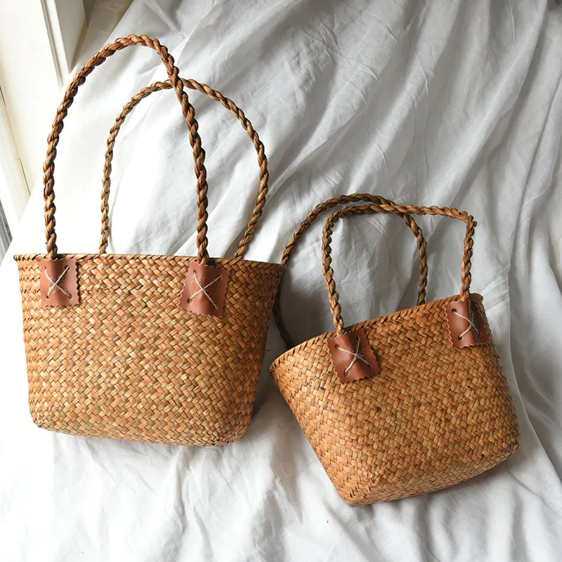 

Grass Woven Bag Woven Bag Summer Single Shoulder Women's Bag Handmade Solid Color Casual Beach Bag Flower Basket