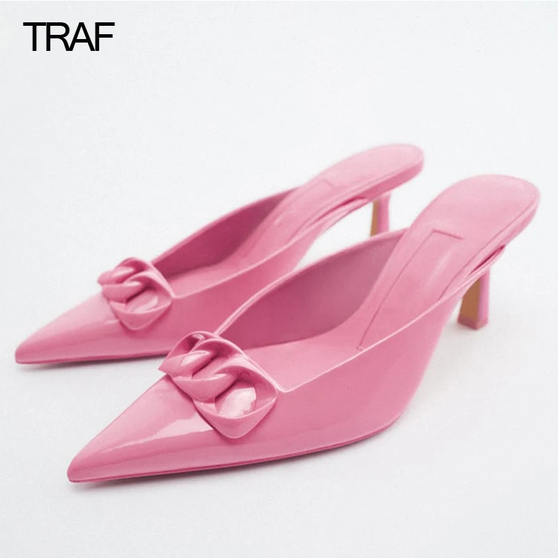 

TRAF Mules Heeled Sandals Summer Woman High Heels Fashion Women's Sandals 2022 Elegant Blue Red Slingback Pointe Female Pumps