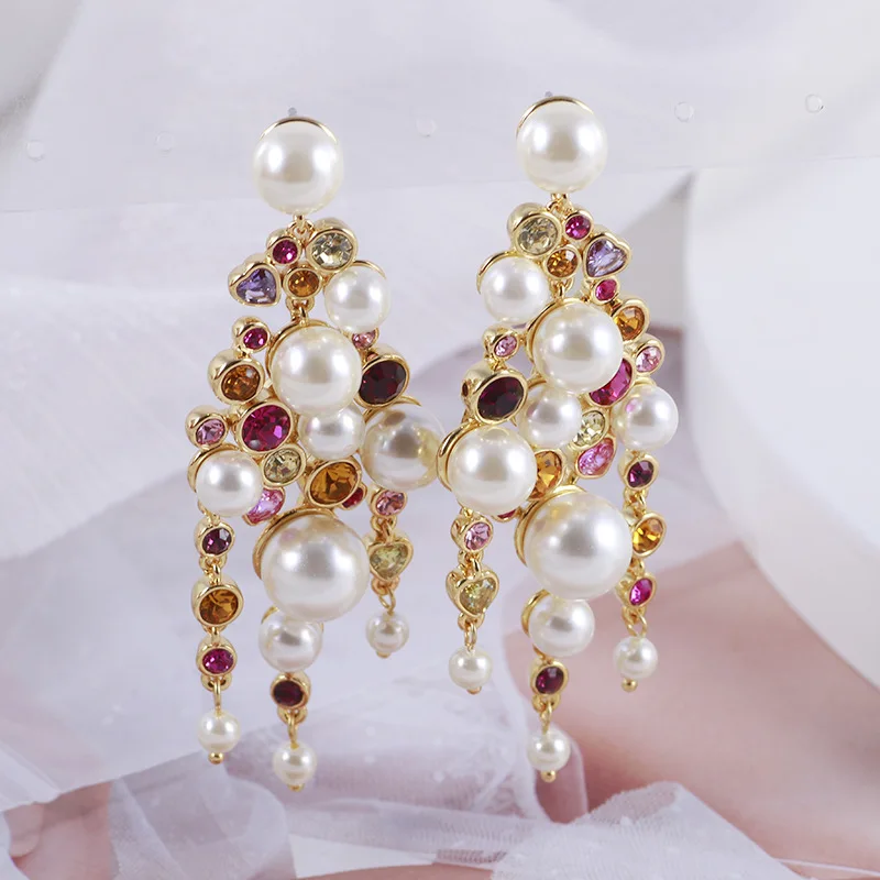 

Retro Luxury Dinner Style Sparkling Colored Pearl Tassel Earrings