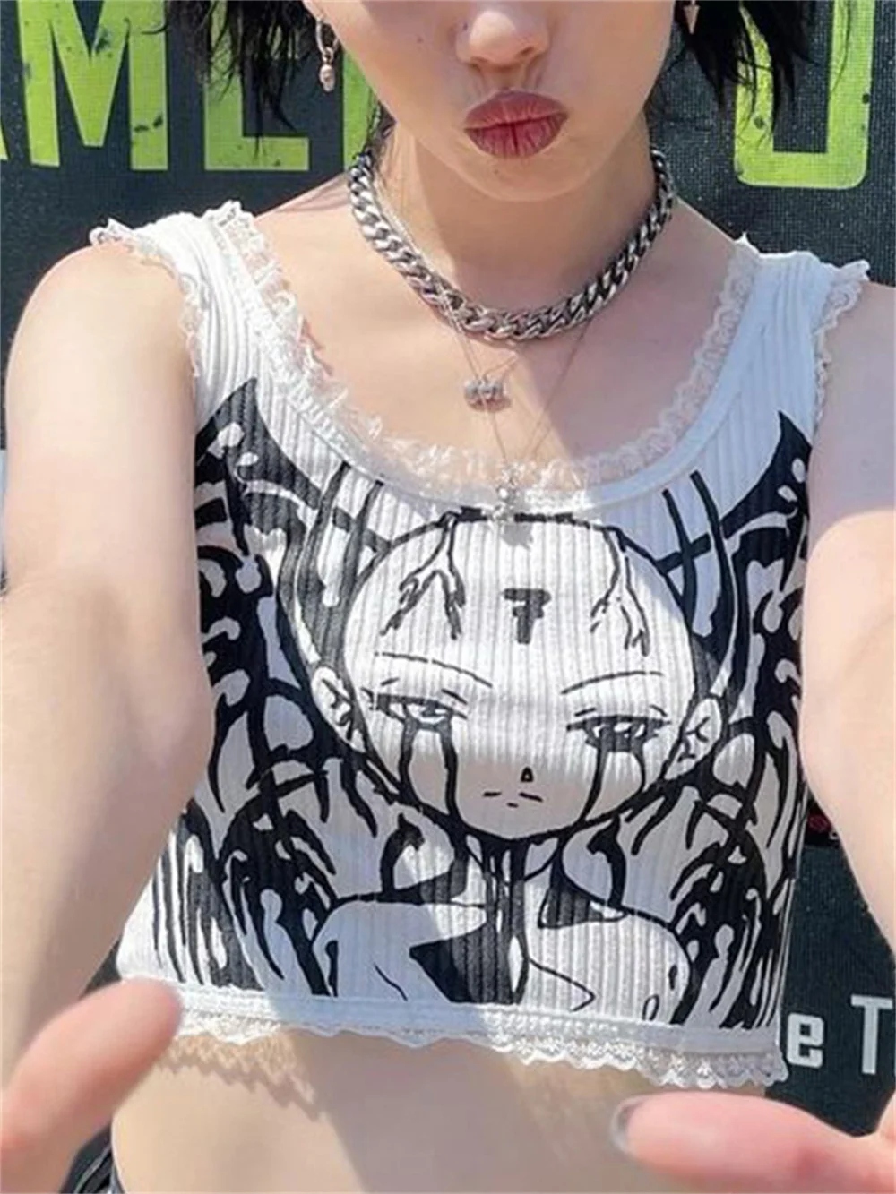 Goth Graphics Lace Crop Tops Women Fairy TshirtGrunge Vest  E Girls Caims Y2K Tee Dark Anime Sleeveless Tank Top Cyber Camisole