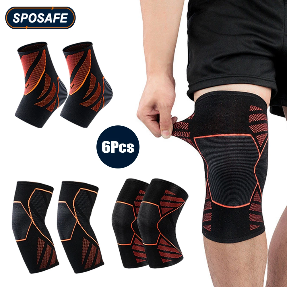 6Pcs/Set Knee Elbow Ankle Brace Sports Protective Gear Set Compressions Support Sleeves for Cycling Running Basketball Football
