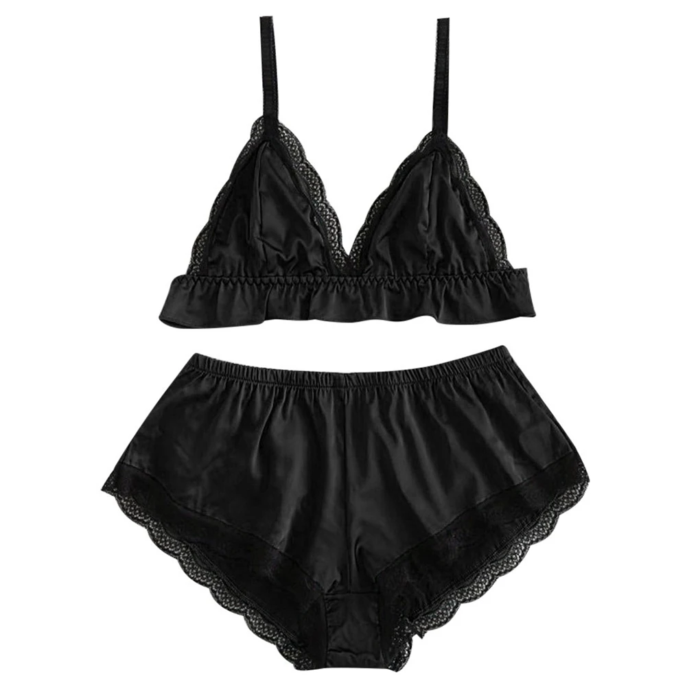 

Women Smooth Satin Silk Sleepwear Set Comfortable Bra Top Shorts Nightwear Sexy Solid Lingerie Pajamas 2pcs Set Casual Homewear
