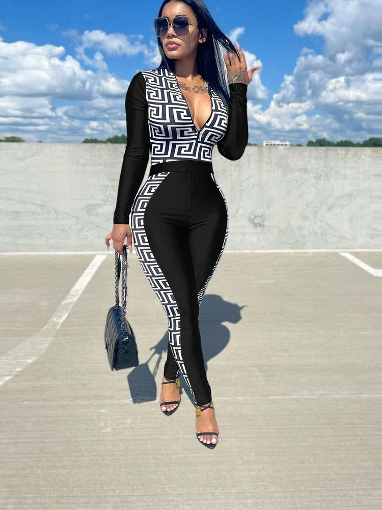 

sexy fashion printed Splice Two piece set women Geometric pattern deep V-neck long sleeve zipper slim tops pencil pants women