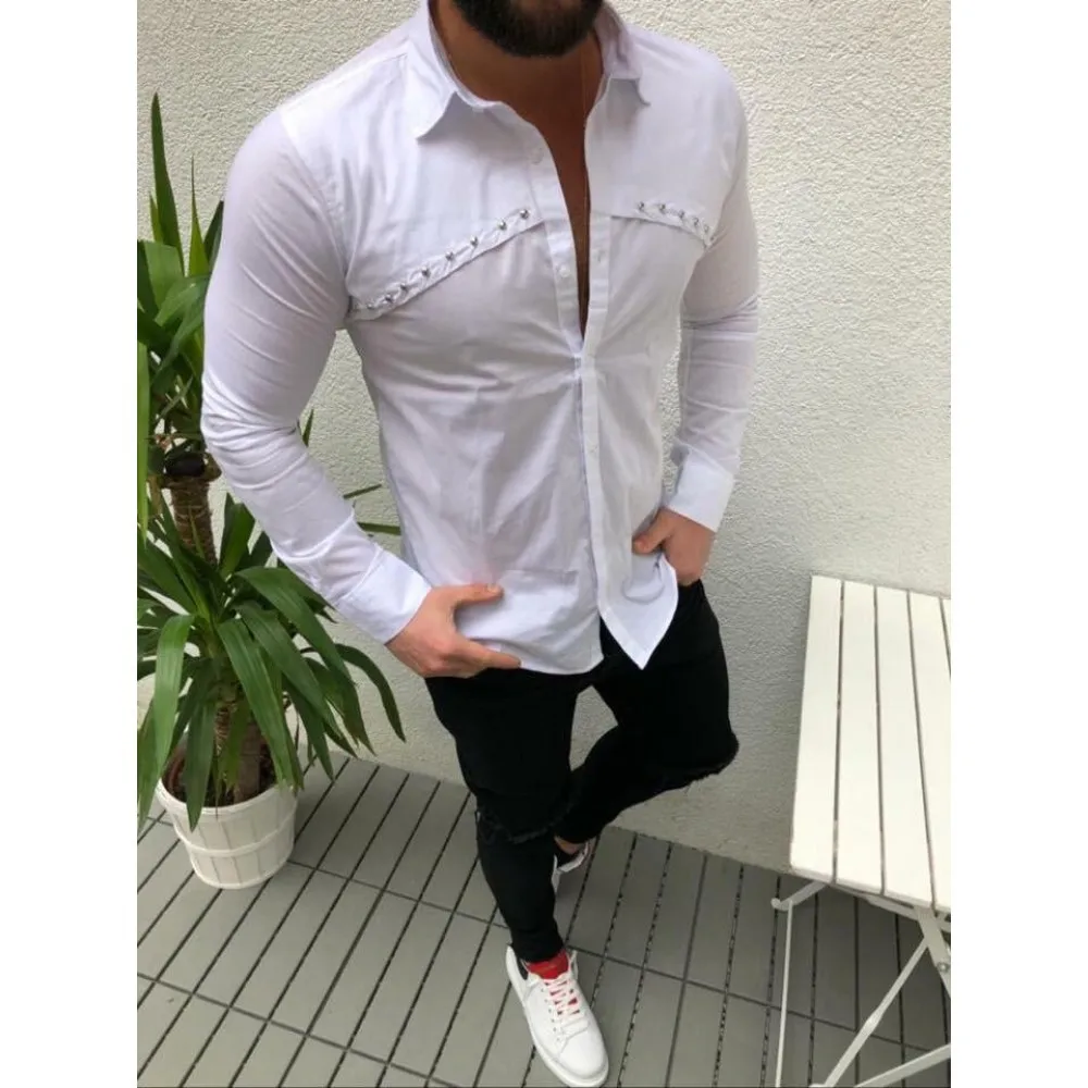 

Autumn New Mens Casual Solid Color Vintage Shirt Fashion Oversized Long Sleeve White Shirts For Men Turndown Collar Cargo Shirt